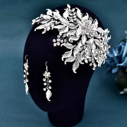 Berry - Silver Crystal Bridal Headdress and Earrings Set