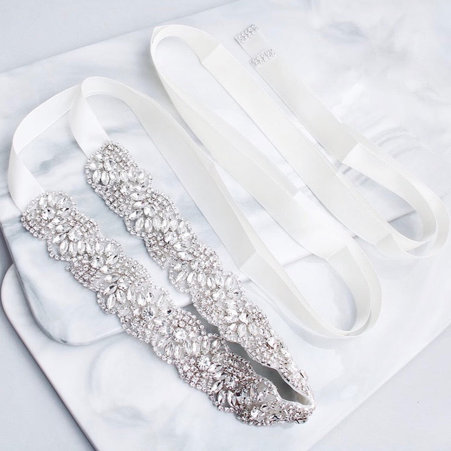 Portia - Silver Crystal Bridal Belt/Sash