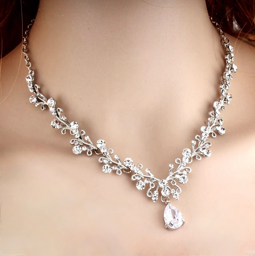 "Cher" - Silver Cubic Zirconia 3-Piece Bridal Jewelry Set With Tiara