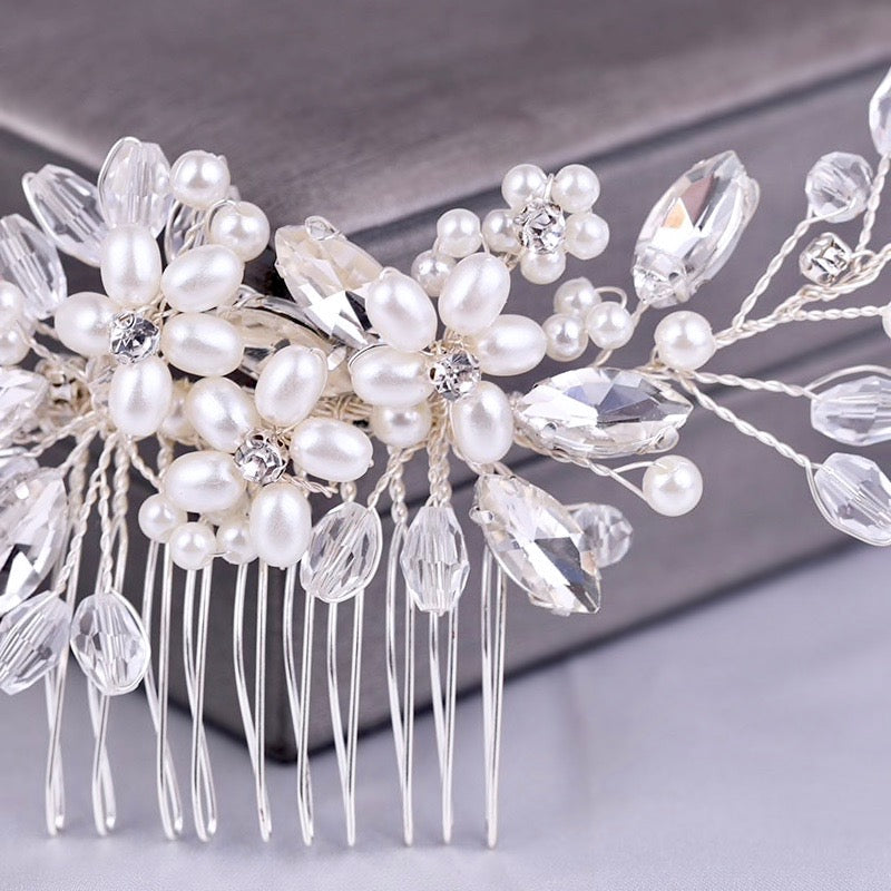 "Roseann" - Pearl and Crystal Bridal Hair Comb - Available in Silver, Rose Gold and Yellow Gold