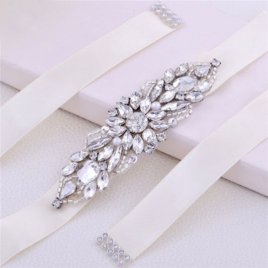Indre - Silver Pearl and Crystal Bridal Belt/Sash