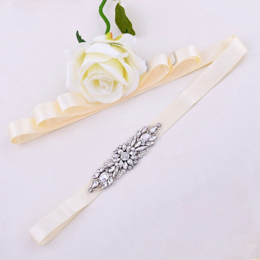 Indre - Silver Pearl and Crystal Bridal Belt/Sash
