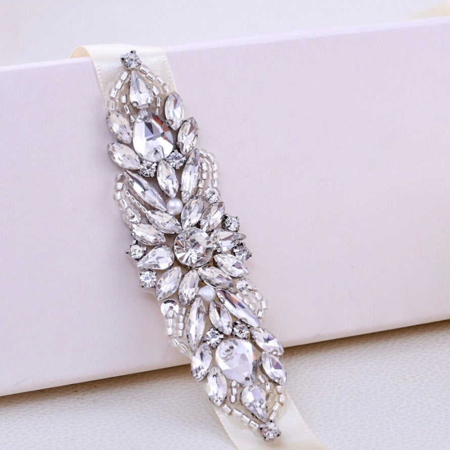 Indre - Silver Pearl and Crystal Bridal Belt/Sash