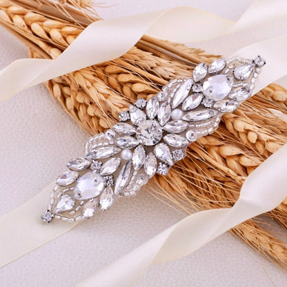 Indre - Silver Pearl and Crystal Bridal Belt/Sash