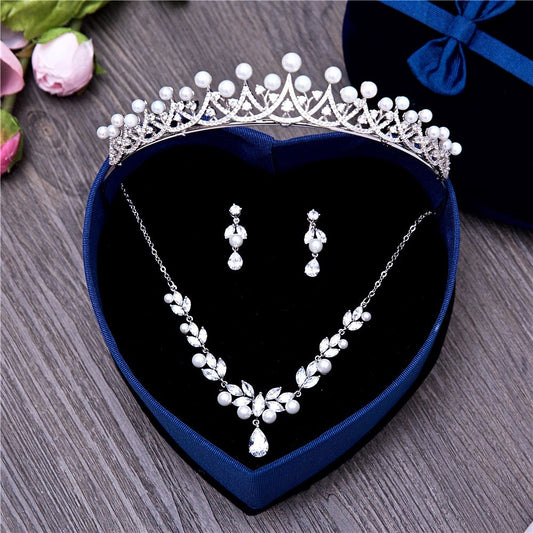 Irene - Silver Cubic Zirconia and Pearl 3-Piece Bridal Jewelry Set With Tiara