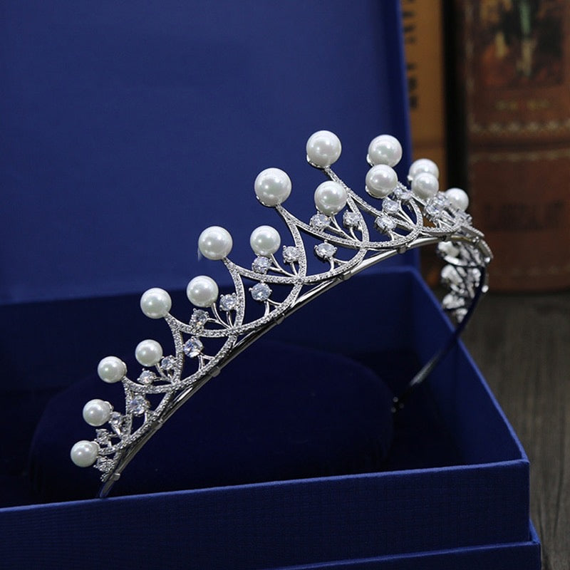 Irene - Silver Cubic Zirconia and Pearl 3-Piece Bridal Jewelry Set With Tiara