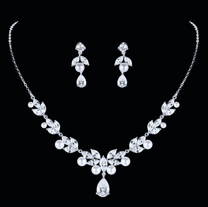 Irene - Silver Cubic Zirconia and Pearl 3-Piece Bridal Jewelry Set With Tiara