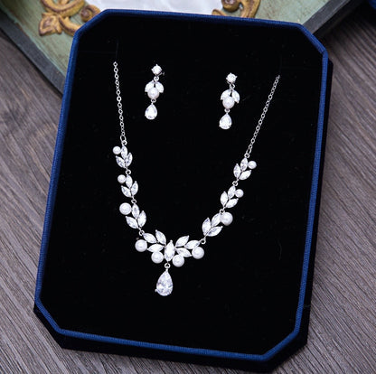 Irene - Silver Cubic Zirconia and Pearl 3-Piece Bridal Jewelry Set With Tiara