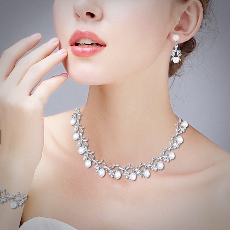 Veronica - Silver Crystal and Pearl 3-Piece Bridal Jewelry Set With Half Tiara
