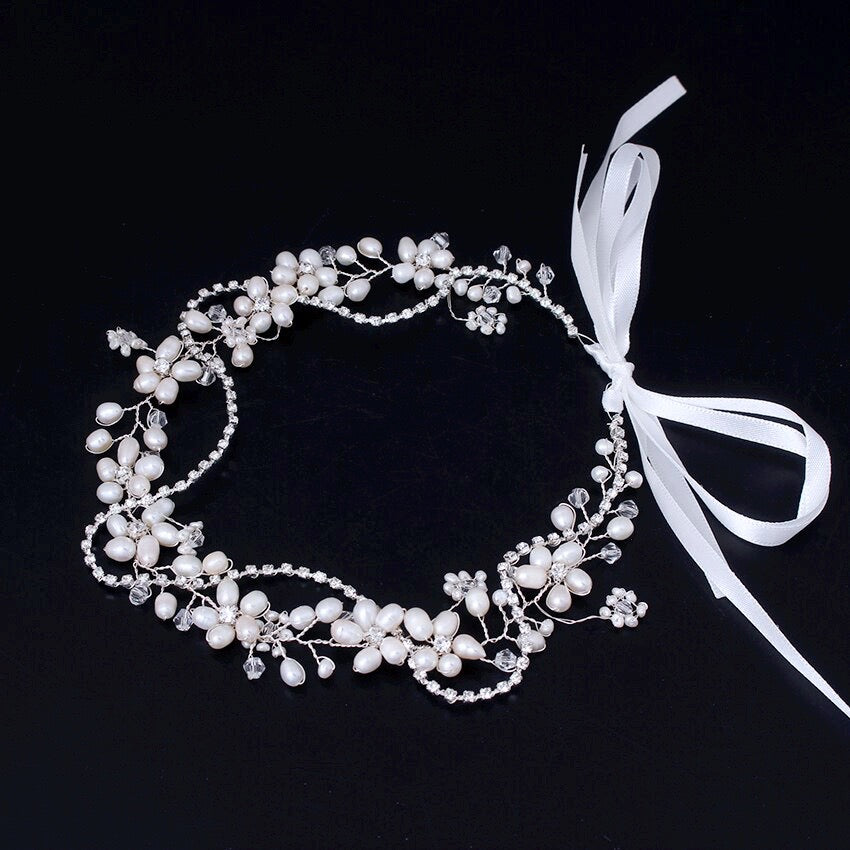 "Karen" - Silver Pearl and Crystal Bridal Headband