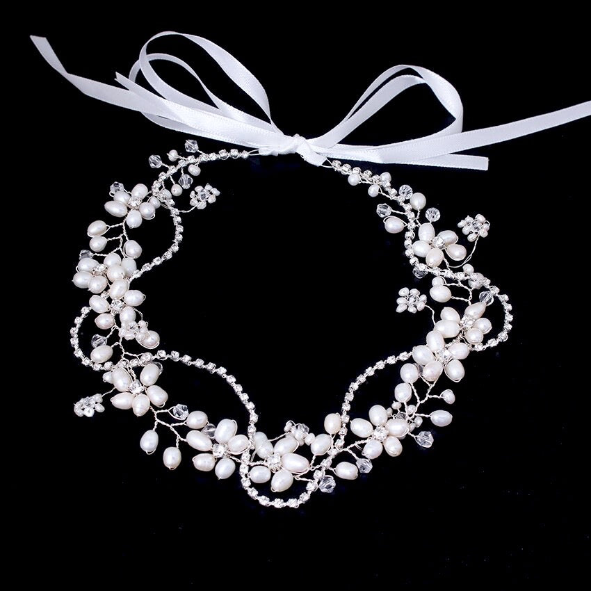 "Karen" - Silver Pearl and Crystal Bridal Headband