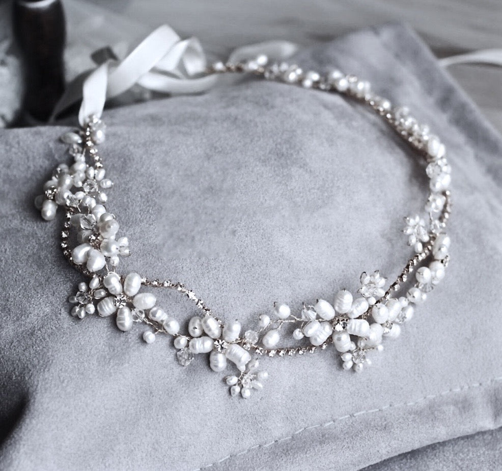 "Karen" - Silver Pearl and Crystal Bridal Headband
