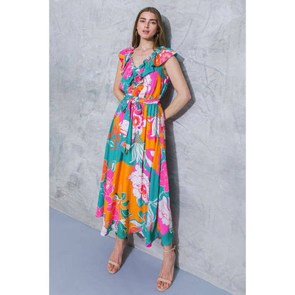 [Sizes SM-L] Floral Printed Woven Midi Dress in Teal Orange | Ruffled V Neckline Mid Calf