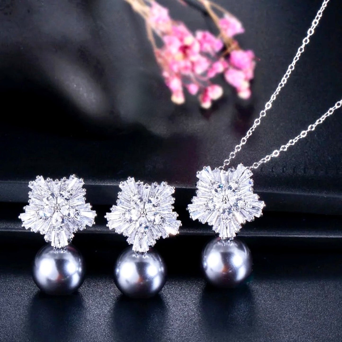 Alba - Pearl and Cubic Zirconia Snowflake Bridal Jewelry Set - More Colors
