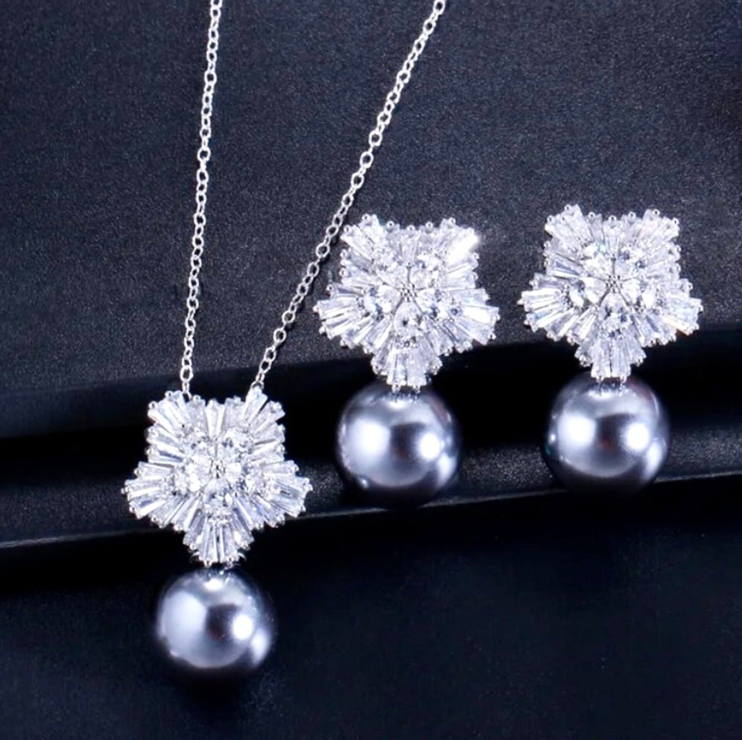 Alba - Pearl and Cubic Zirconia Snowflake Bridal Jewelry Set - More Colors