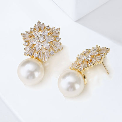 Alba - Pearl and Cubic Zirconia Snowflake Bridal Earrings - More Colors