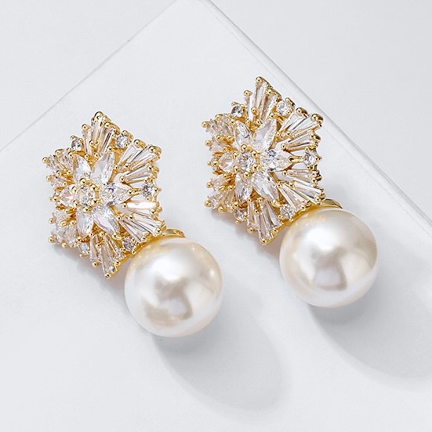 Alba - Pearl and Cubic Zirconia Snowflake Bridal Earrings - More Colors