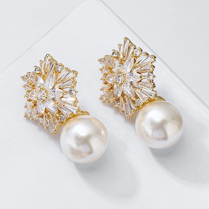 Alba - Pearl and Cubic Zirconia Snowflake Bridal Earrings - More Colors