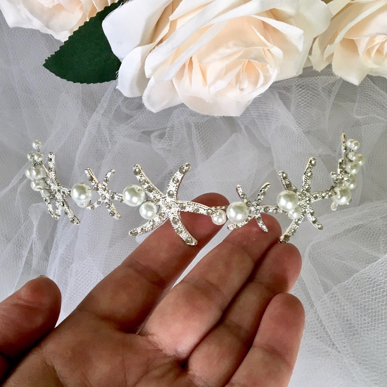 Marbella - Pearl and Crystal Sea Star Bridal Headband / Vine