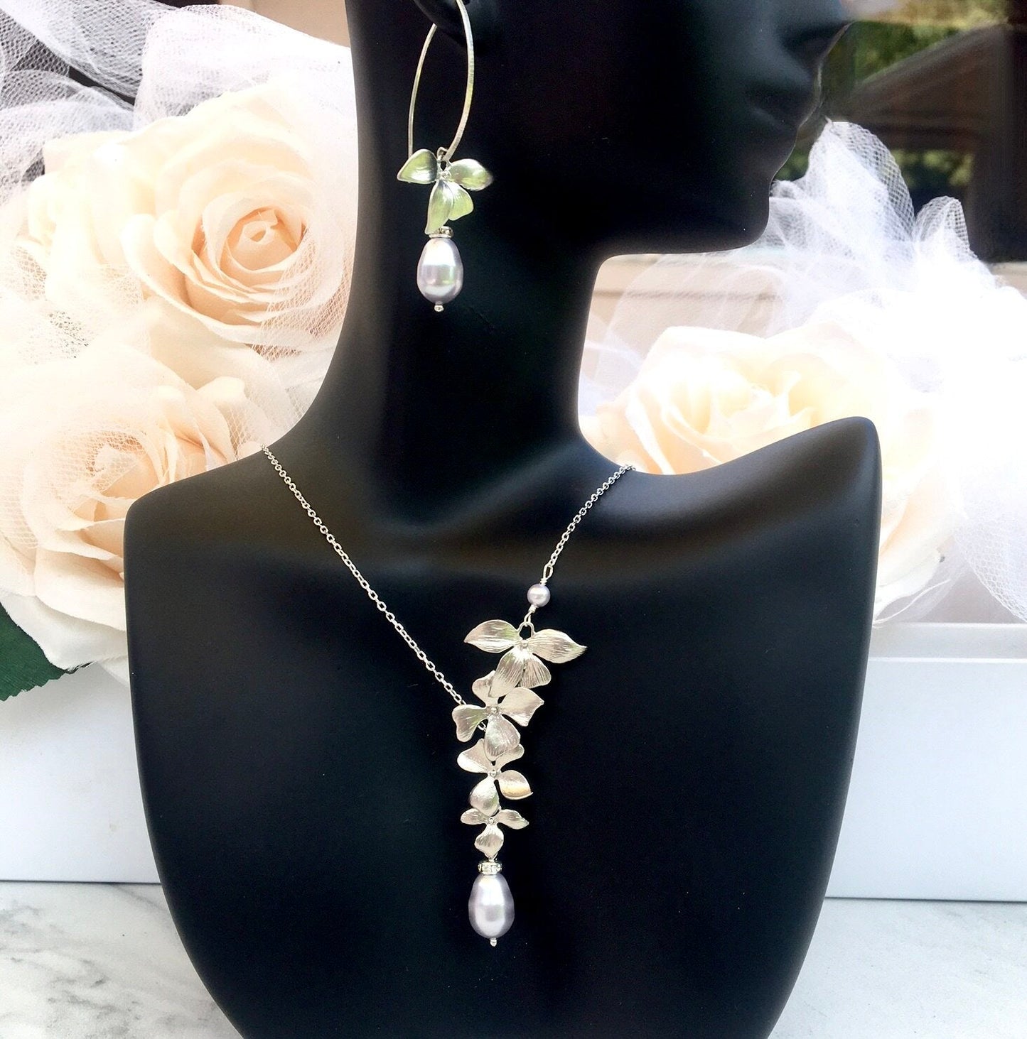 Wild Orchid - Pearl and Sterling Silver Bridal Jewelry Set - More Colors