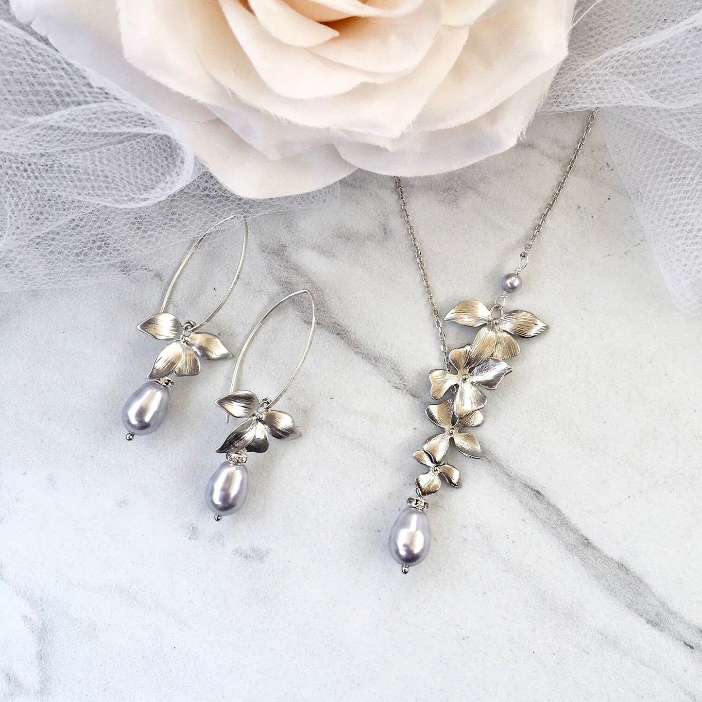 Wild Orchid - Pearl and Sterling Silver Bridal Jewelry Set - More Colors