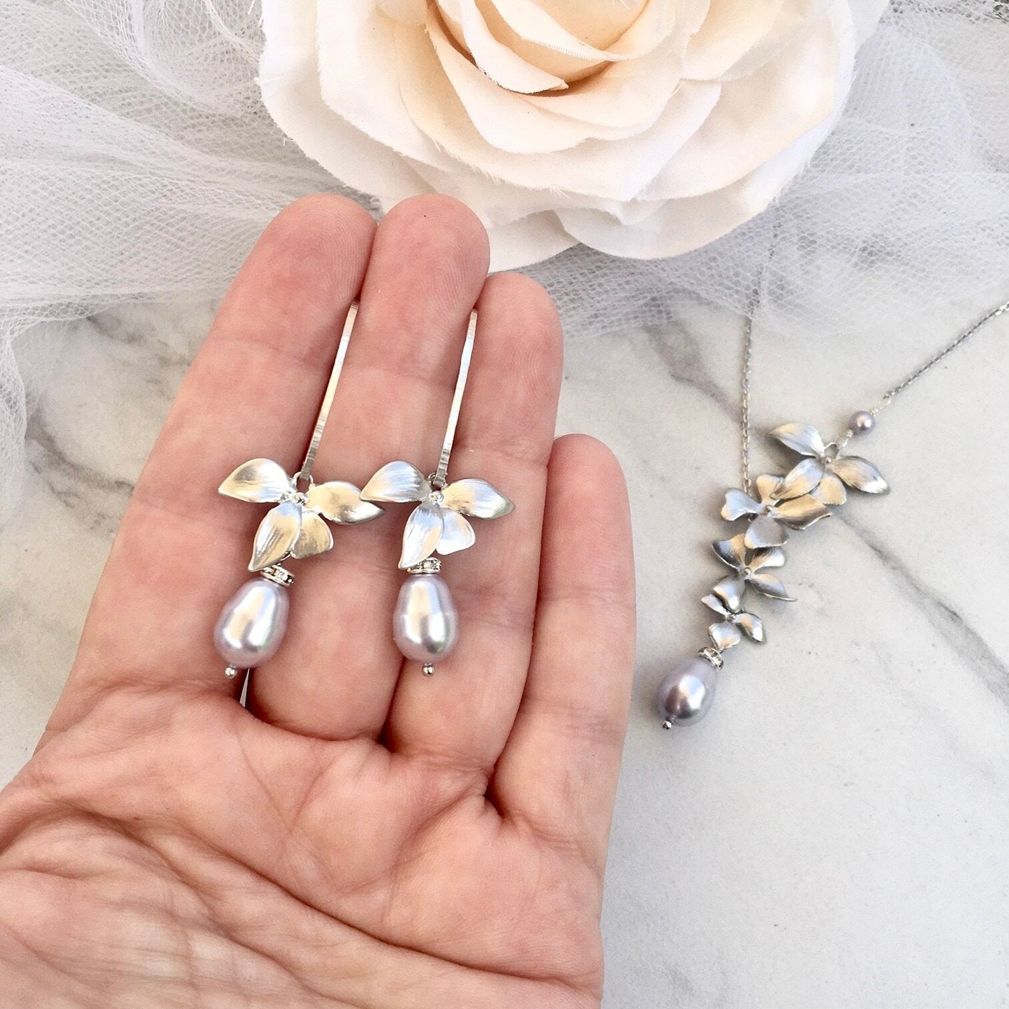 Wild Orchid - Pearl and Sterling Silver Bridal Jewelry Set - More Colors