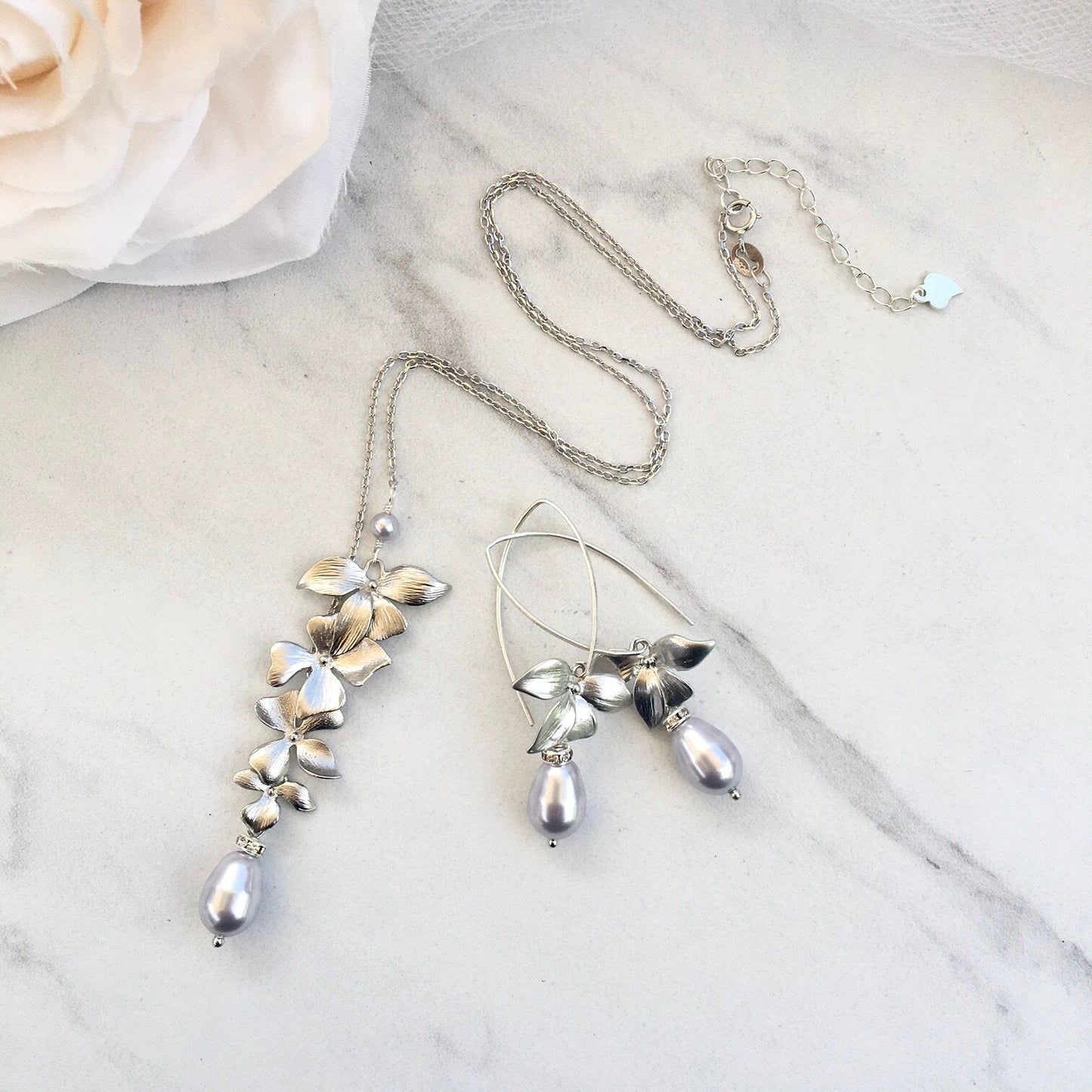 Wild Orchid - Pearl and Sterling Silver Bridal Jewelry Set - More Colors