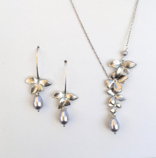 Wild Orchid - Pearl and Sterling Silver Bridal Jewelry Set - More Colors