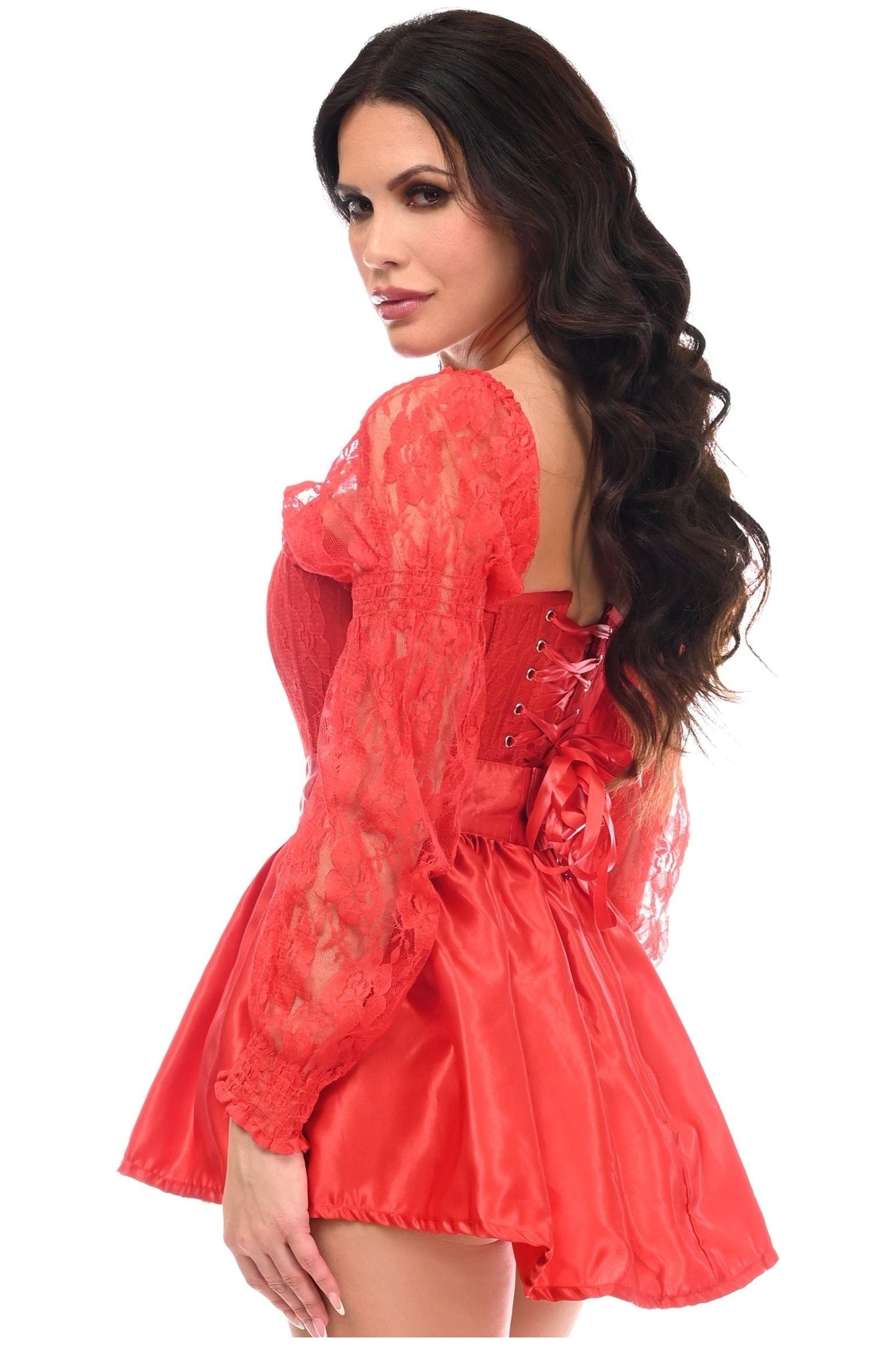 Top Drawer 2 PC Red Lace Steel Boned Corset & Satin Skirt Set