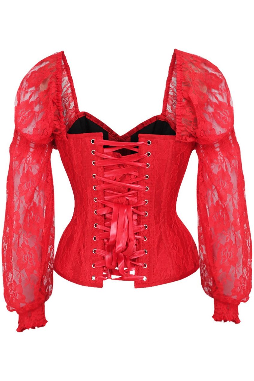 Top Drawer Red w/Red Lace Steel Boned Long Sleeve Corset