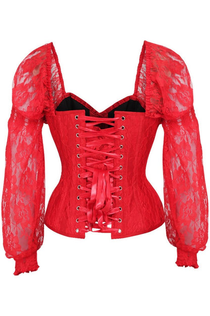Top Drawer Red w/Red Lace Steel Boned Long Sleeve Corset