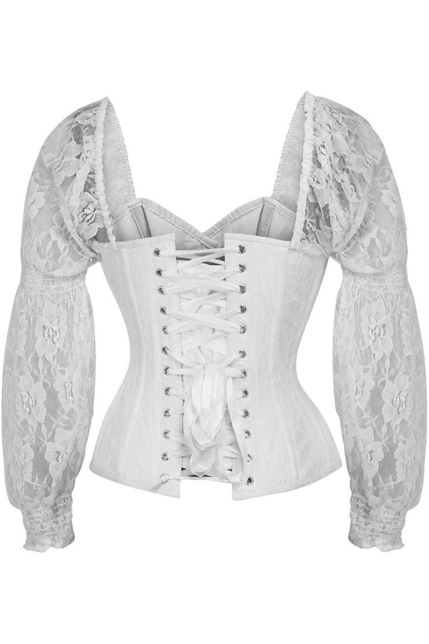 Top Drawer White w/White Lace Steel Boned Long Sleeve Corset