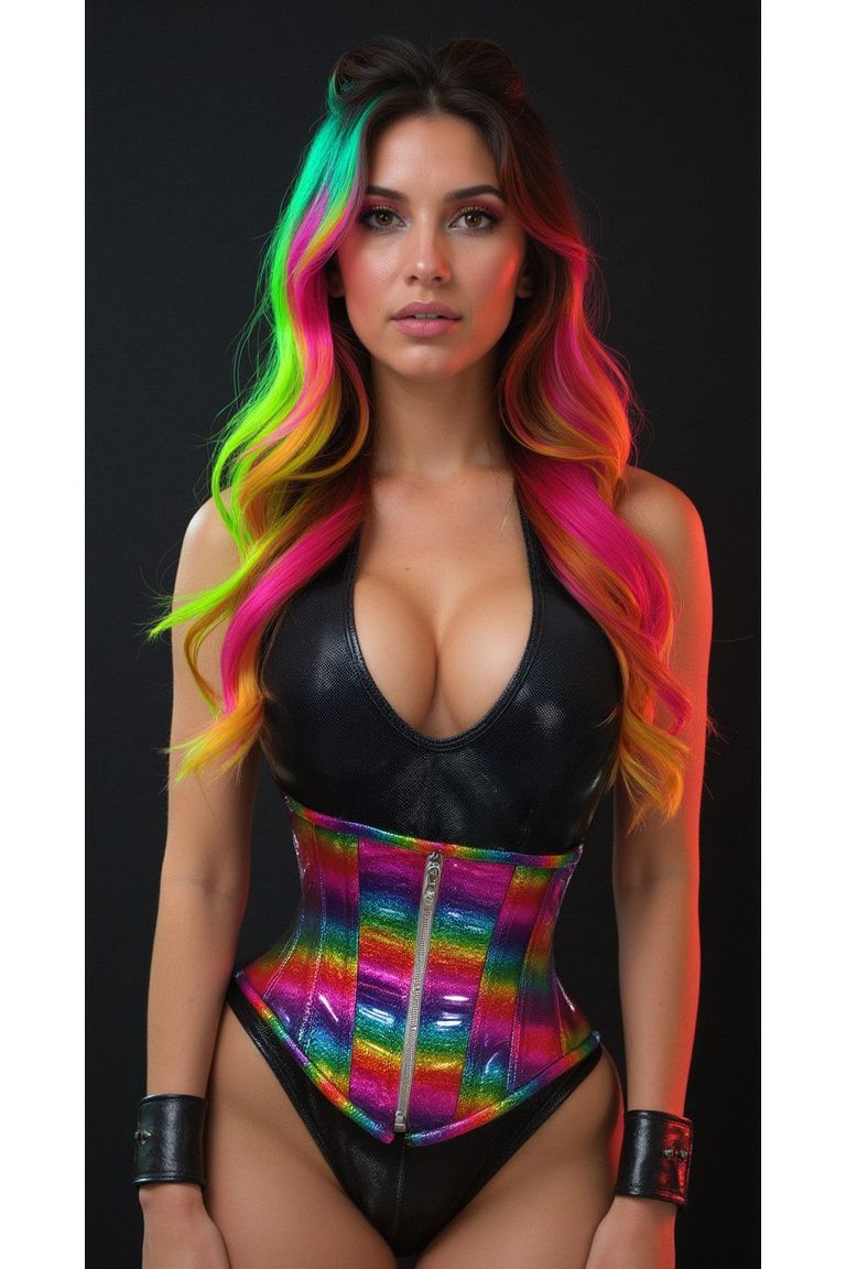 Top Drawer Rainbow Glitter Holo Steel Boned Mid Under Bust Corset