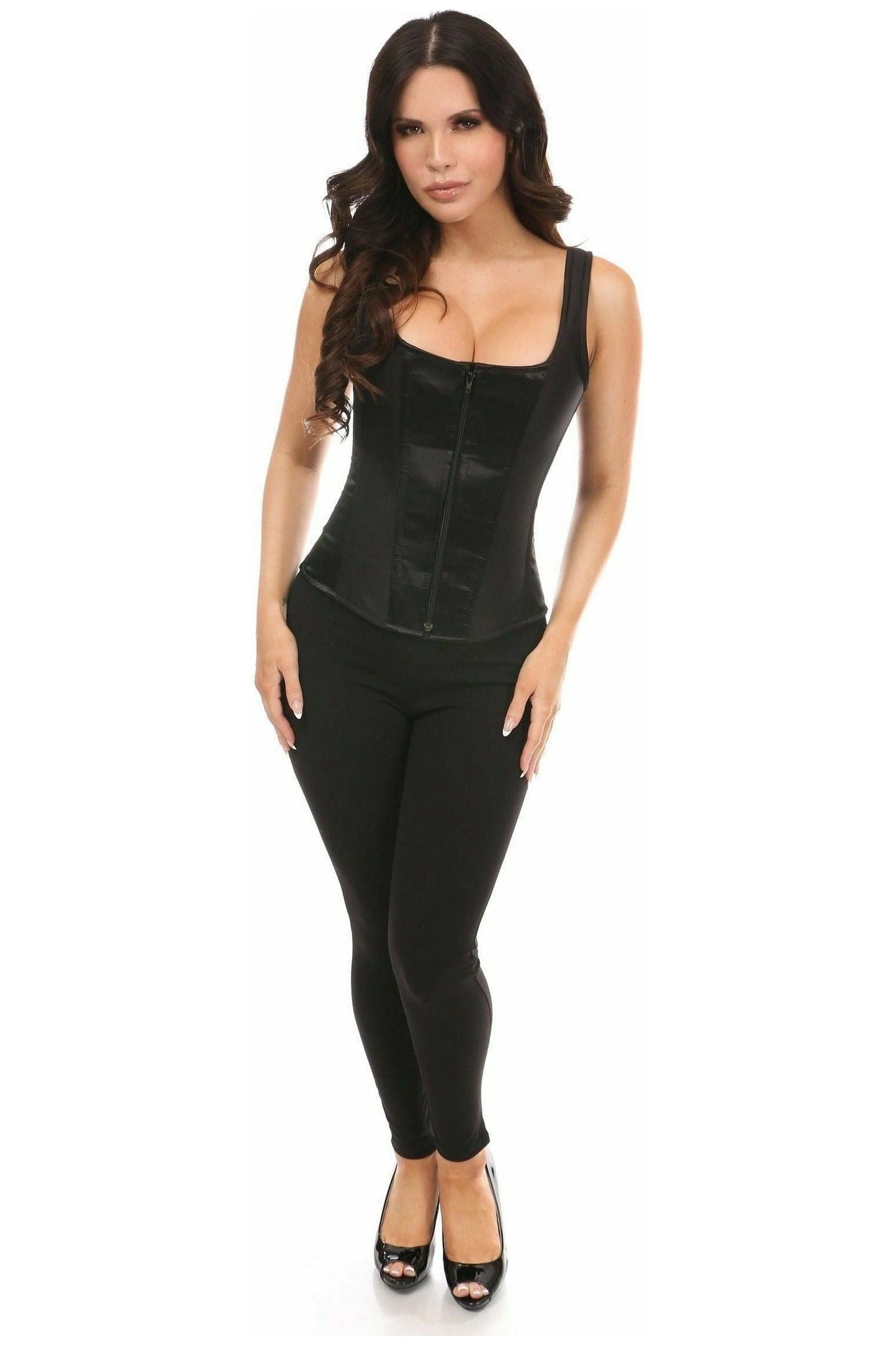 Top Drawer Black Satin Steel Boned Corset w/Straps