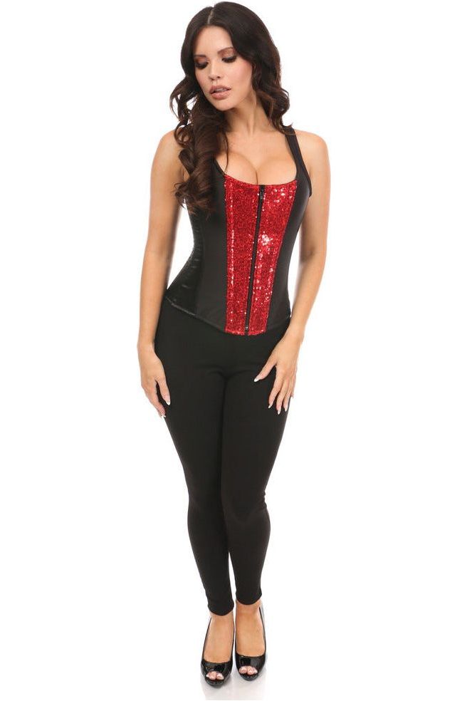 Top Drawer Black Satin & Red Sequin Steel Boned Corset w/Straps
