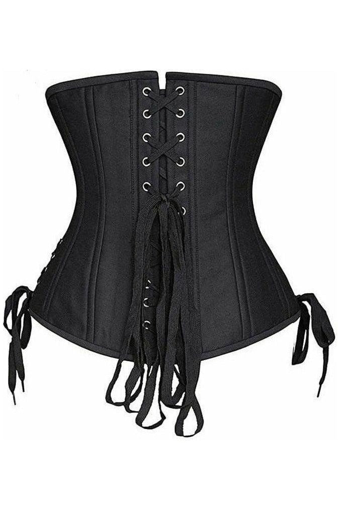 Top Drawer Black Satin Double Steel Boned Curvy Cut Waist Cincher Corset w/Lace-Up Sides