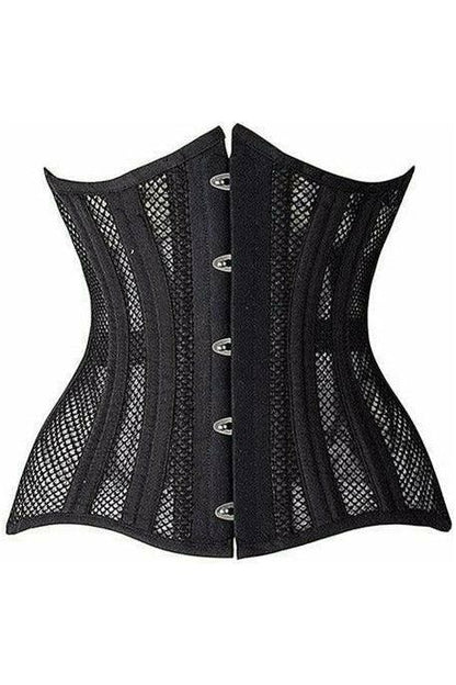 Top Drawer Black Fishnet Double Steel Boned Curvy Cut Waist Cincher Corset