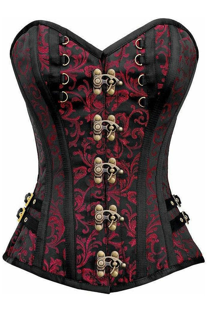 Top Drawer Black/Red Swirl Brocade Steel Boned Overbust Corset w/Buckles