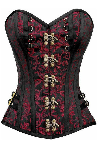 Top Drawer Black/Red Swirl Brocade Steel Boned Overbust Corset w/Buckles