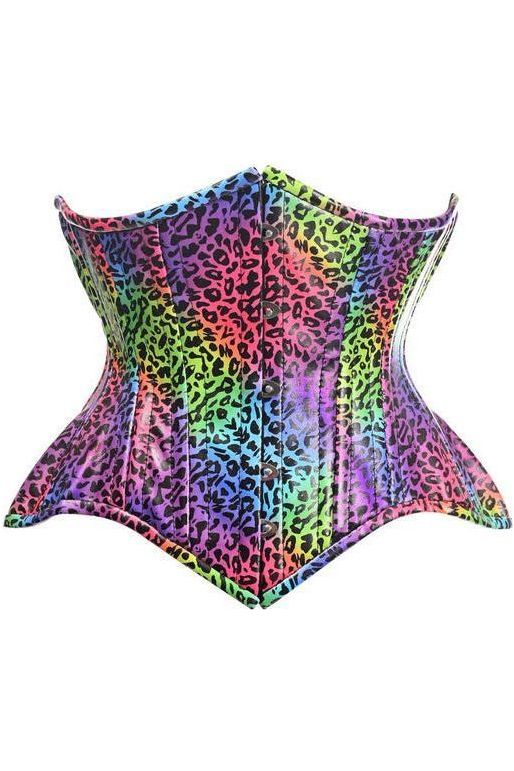 Top Drawer Rainbow Leopard Print Double Steel Boned Curvy Cut Underbust Cincher Corset