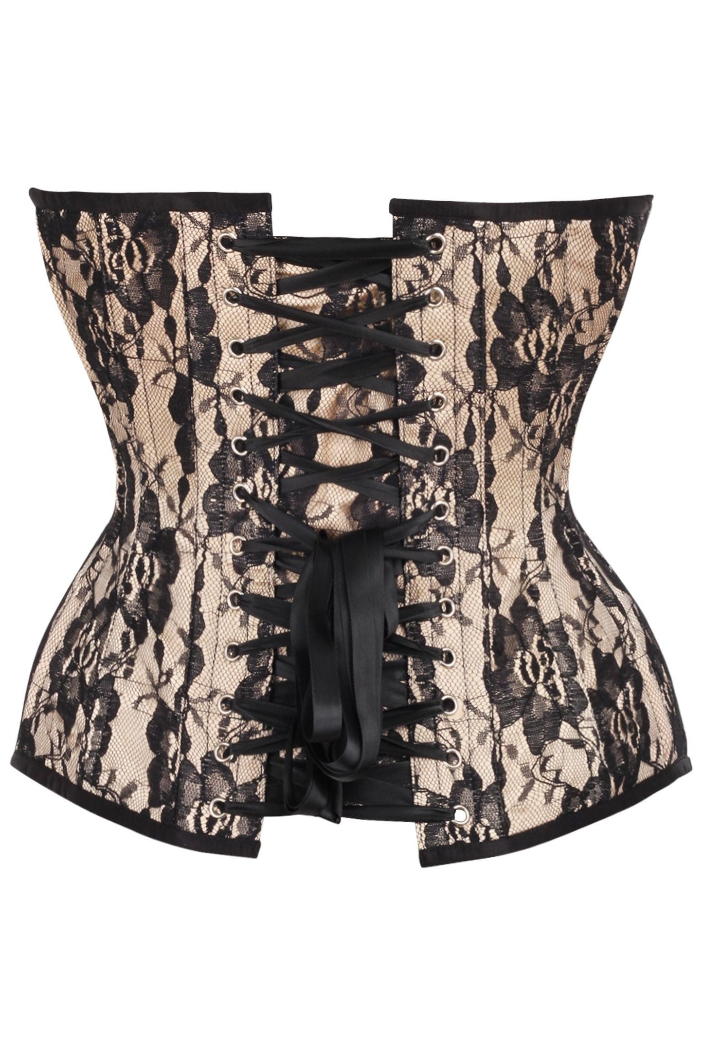 Top Drawer Nude Satin w/Black Lace Overlay Steel Boned Overbust Corset