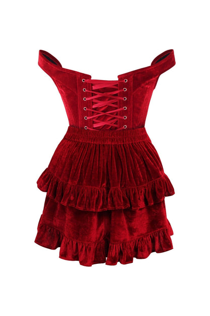 Top Drawer 2 PC Dark Red Velvet Steel Boned Corset & Skirt Set