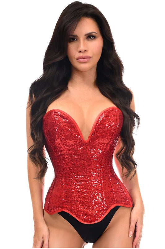 Top Drawer Steel Boned Red Sequin Plunge Neckline Overbust Corset