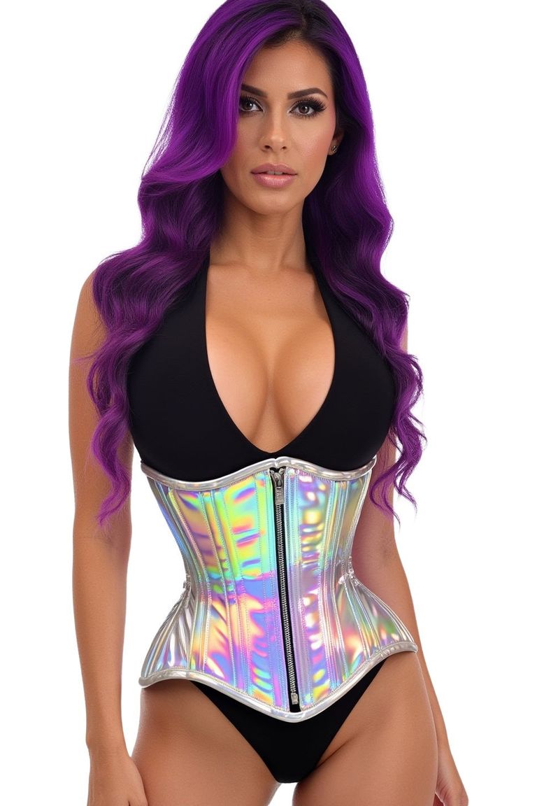 Top Drawer Silver Holo Double Steel Boned Underbust Waist Cincher Corset