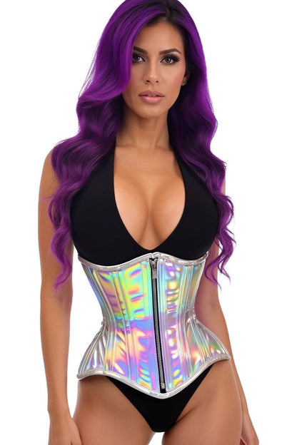 Top Drawer Silver Holo Double Steel Boned Underbust Waist Cincher Corset