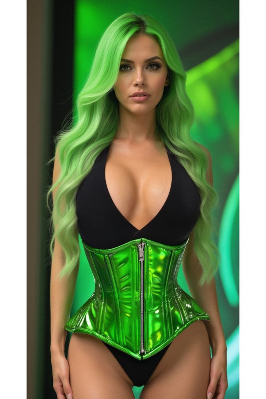 Top Drawer Green Holo Double Steel Boned Underbust Waist Cincher Corset