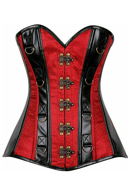 Top Drawer Wine Brocade & Faux Leather Steel Boned Corset