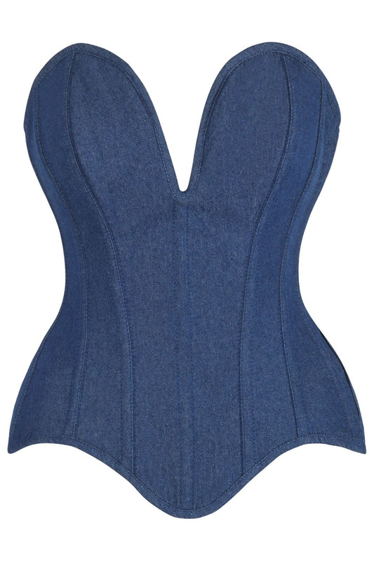 Top Drawer Steel Boned Dark Blue Denim Plunge Neckline Overbust Corset