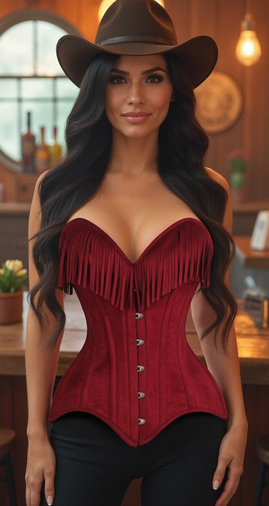 Top Drawer Red Suede Steel Boned Overbust Corset w/Fringe