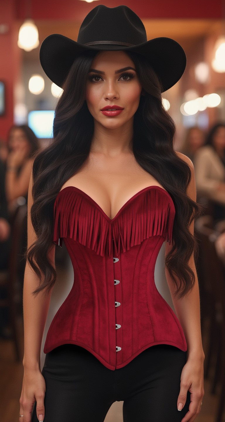 Top Drawer Red Suede Steel Boned Overbust Corset w/Fringe